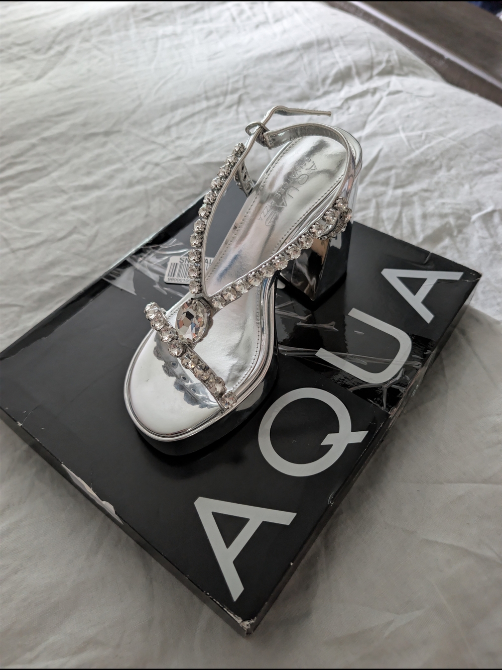 ​NWT AQUA x Salvatore Rizza Disco Rhinestone Platform Sandals Silver Heel 6M
